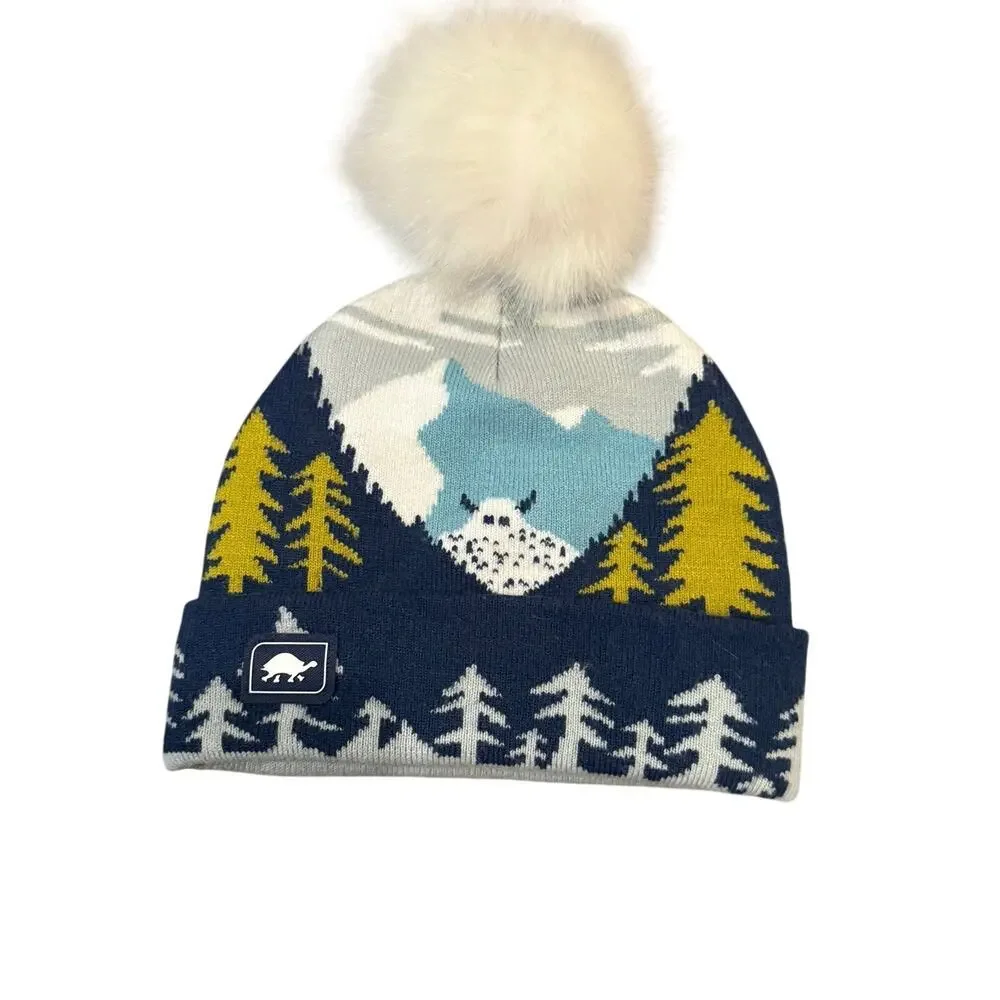 Turtle Fur Kids Pom Pom Beanie Hat Mountain Forest Knit Winter Acrylic Blue OS